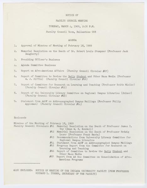 Indiana University Faculty Council records, 1947-1970 1961-1969. 04 March 1969. (Minutes and Agendas, 1947-1969, Minutes, 1947-1969): Page 1 of 18