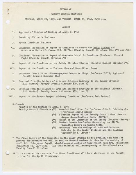Indiana University Faculty Council records, 1947-1970 1961-1969. 22 April 1969. (Minutes and Agendas, 1947-1969, Minutes, 1947-1969): Page 1 of 13
