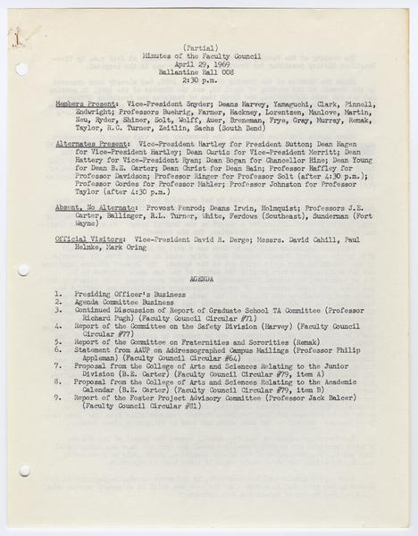 Indiana University Faculty Council records, 1947-1970 1961-1969. 29 April 1969. (Minutes and Agendas, 1947-1969, Minutes, 1947-1969): Page 1 of 14