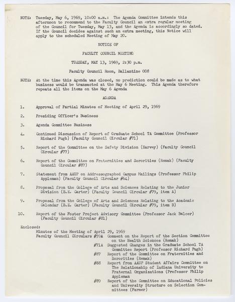 Indiana University Faculty Council records, 1947-1970 1961-1969. 13 May 1969. (Minutes and Agendas, 1947-1969, Minutes, 1947-1969): Page 1 of 18