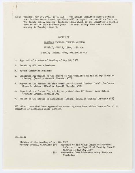 Indiana University Faculty Council records, 1947-1970 1961-1969. 03 June 1969. (Minutes and Agendas, 1947-1969, Minutes, 1947-1969): Page 1 of 17