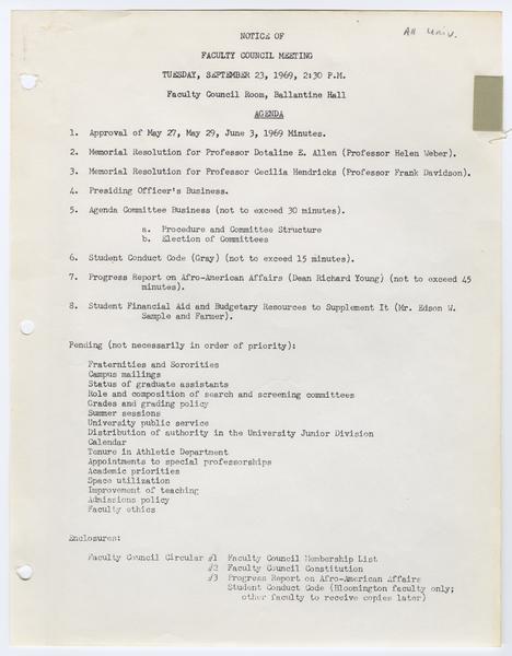 Indiana University Faculty Council records, 1947-1970 1961-1969. 23 September 1969. (Minutes and Agendas, 1947-1969, Minutes, 1947-1969): Page 1 of 16