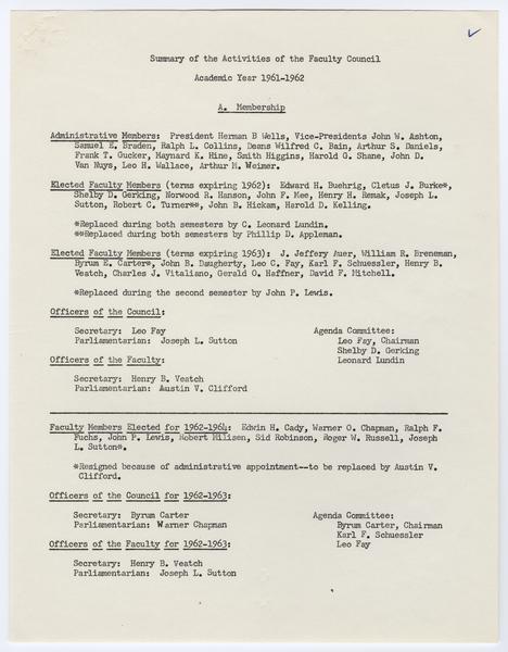 Indiana University Faculty Council records, 1947-1970 1961-1969. 1961-1962. (Annual Summaries, 1947-1969): Page 1 of 6