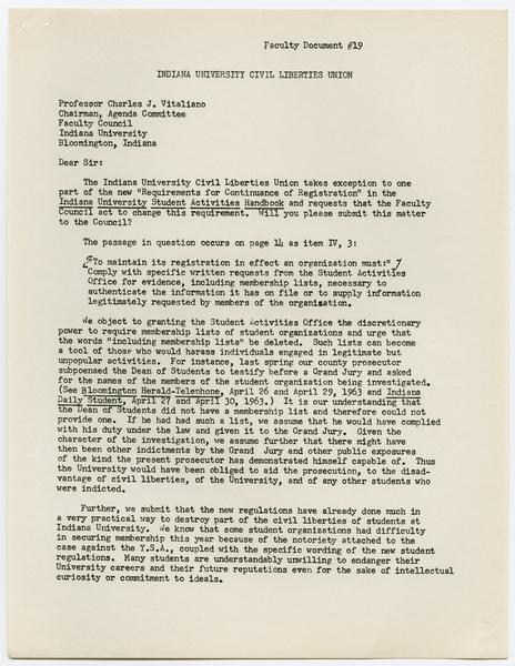 Indiana University Faculty Council records, 1947-1970 1961-1969. 19: Letter from I.U Civil Liberties Union by Professor Wallace Williams Regarding Requirements for Continuance of Registration, ca. 31 March 1964. (Circulars 1958-1969, 1963-1964): Page 1 of 3