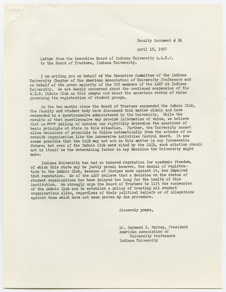 Indiana University Faculty Council records, 1947-1970 1961-1969. 36: Letter from the Executive Board of Indiana University AAUP to the Board of Trustees Concerning the W.E.B DuBois Club, 18 April 1967. (Circulars 1958-1969, 1966-1967): Page 1 of 1