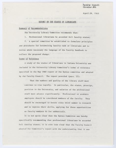 Indiana University Faculty Council records, 1947-1970 1961-1969. 86: Report on the Status of Librarians, 28 April 1969. (Circulars 1958-1969, 1968-1969): Page 1 of 11