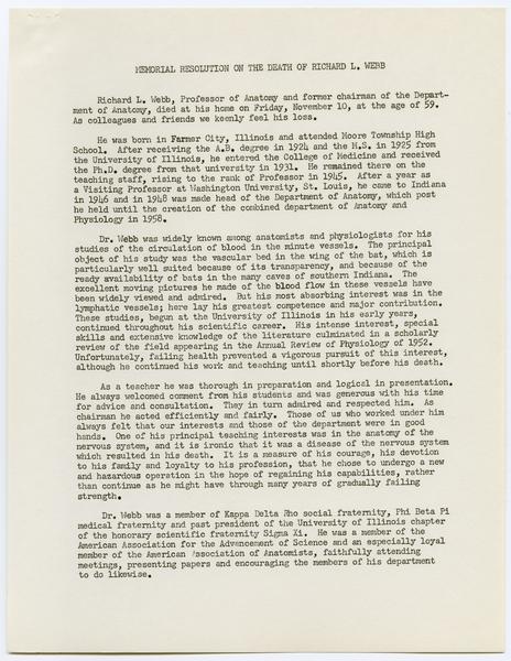Indiana University Faculty Council records, 1947-1970 1961-1969. Memorial Resolution for Richard L. Webb, ca. 16 January 1962. (Supplementary Documents, 1947-1969, 1961-1962): Page 1 of 2