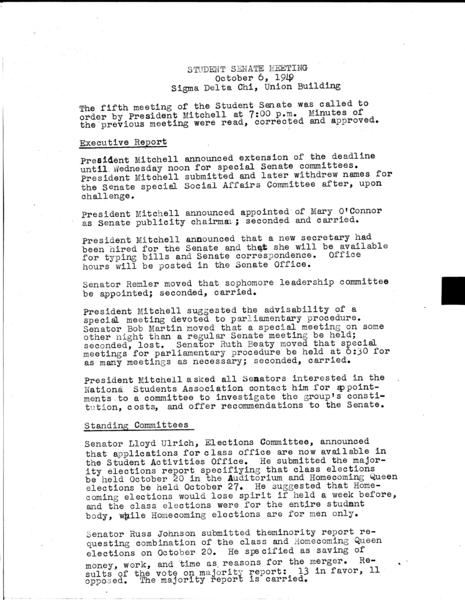 Indiana University. Student Senate. 06 October 1949. (Administrative files, 1938-1979, Meeting minutes, 1944-1973, Regular Session): Page 1 of 3