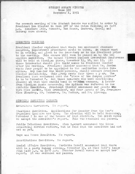 Indiana University. Student Senate. 01 November 1951. (Administrative files, 1938-1979, Meeting minutes, 1944-1973, Regular Session): Page 1 of 2