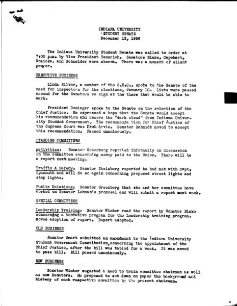 Indiana University. Student Senate. 13 December 1956. (Administrative files, 1938-1979, Meeting minutes, 1944-1973, Regular Session): Page 1 of 2
