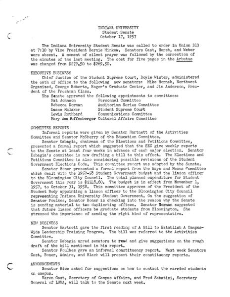 Indiana University. Student Senate. 17 October 1957. (Administrative files, 1938-1979, Meeting minutes, 1944-1973, Regular Session): Page 1 of 2