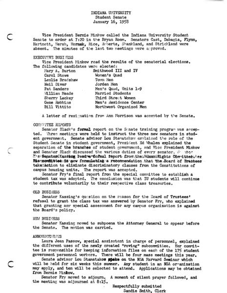 Indiana University. Student Senate. 16 January 1958. (Administrative files, 1938-1979, Meeting minutes, 1944-1973, Regular Session): Page 1 of 1