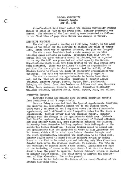 Indiana University. Student Senate. 14 May 1959. (Administrative files, 1938-1979, Meeting minutes, 1944-1973, Regular Session): Page 1 of 2