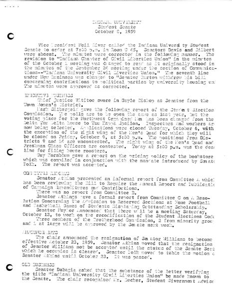 Indiana University. Student Senate. 08 October 1959. (Administrative files, 1938-1979, Meeting minutes, 1944-1973, Regular Session): Page 1 of 2