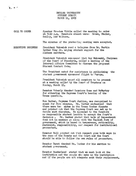 Indiana University. Student Senate. 11 March 1965. (Administrative files, 1938-1979, Meeting minutes, 1944-1973, Regular Session): Page 1 of 4