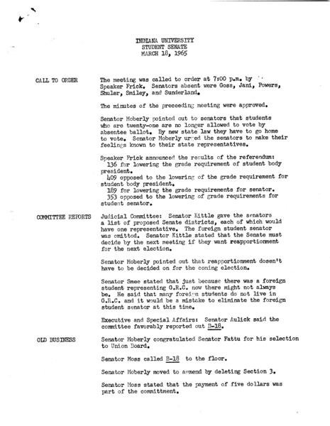 Indiana University. Student Senate. 18 March 1965. (Administrative files, 1938-1979, Meeting minutes, 1944-1973, Regular Session): Page 1 of 4