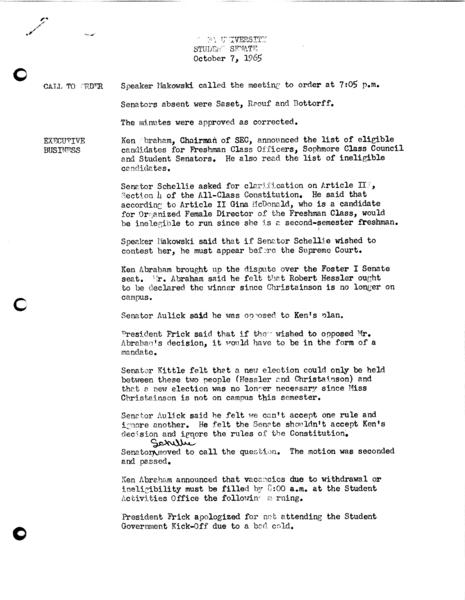 Indiana University. Student Senate. 07 October 1965. (Administrative files, 1938-1979, Meeting minutes, 1944-1973, Regular Session): Page 1 of 4
