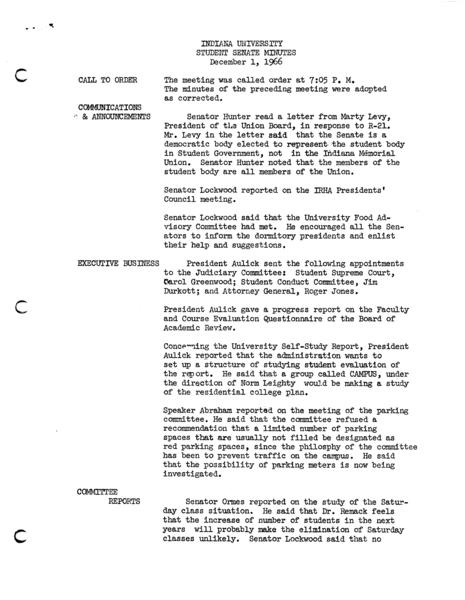 Indiana University. Student Senate. 01 December 1966. (Administrative files, 1938-1979, Meeting minutes, 1944-1973, Regular Session): Page 1 of 3