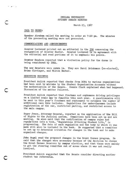 Indiana University. Student Senate. 23 March 1967. (Administrative files, 1938-1979, Meeting minutes, 1944-1973, Regular Session): Page 1 of 3