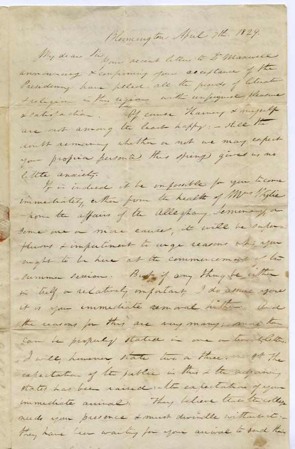 Baynard R. Hall to Andrew Wylie, 7 April 1829: Page 1 of 4