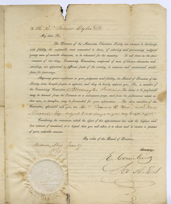 Board of Directors of the American Education Society to Andrew Wylie, 27 June 1829: Page 1 of 4