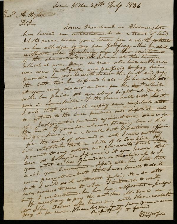 William Pope to Andrew Wylie, 28 July 1836: Page 1 of 2