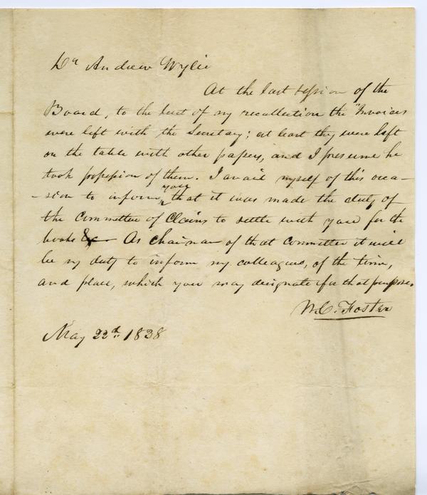 William C. Foster to Andrew Wylie, 22 May 1838: Page 1 of 2