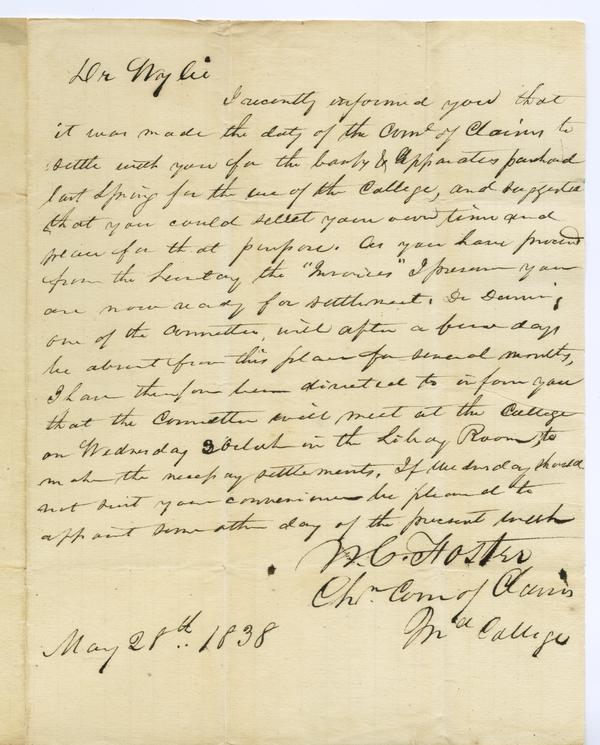 William C. Foster to Andrew Wylie, 28 May 1838: Page 1 of 2