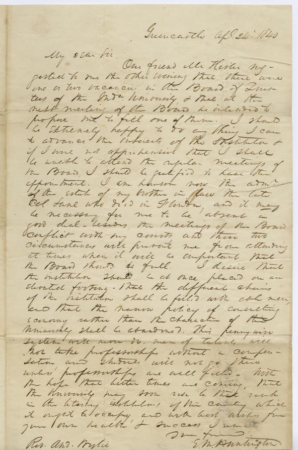 E.M. Huntington to Andrew Wylie, 24 April 1840: Page 1 of 2