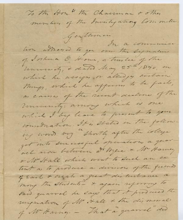 Andrew Wylie to James Cravens and other members of the Investigating Committee, 30 September 1840: Page 1 of 4