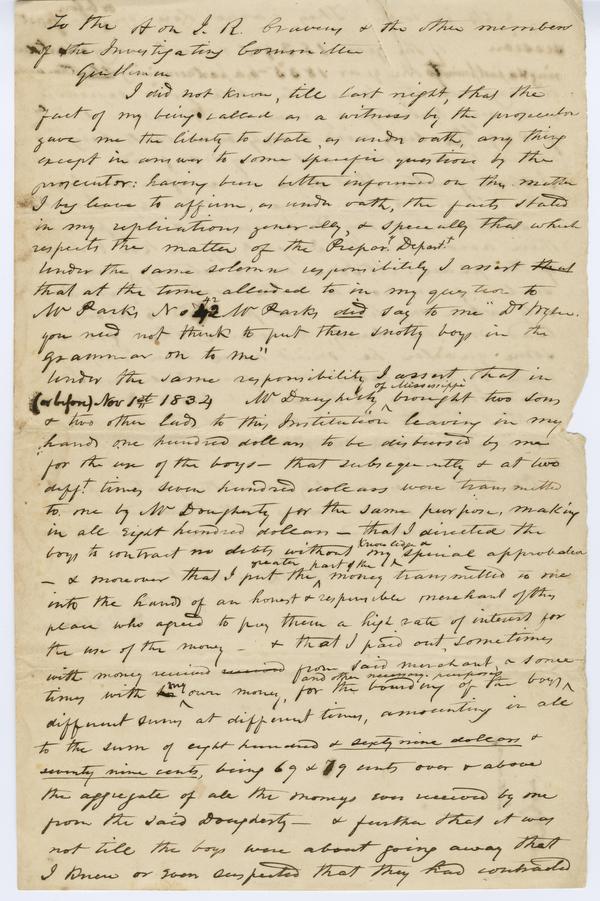 Andrew Wylie to James Cravens and other members of the Investigating Committee, 1 October 1840: Page 1 of 2