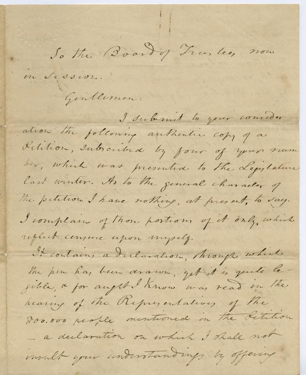 Andrew Wylie to the Board of Trustees, ca. 1839-1840: Page 1 of 3
