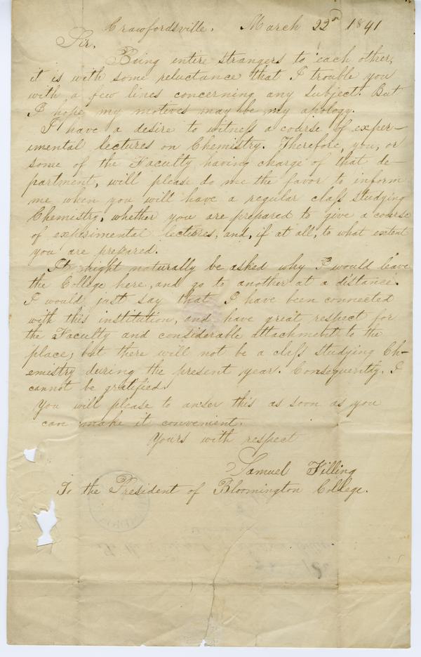 Samuel Filling to Andrew Wylie, 22 March 1841: Page 1 of 2
