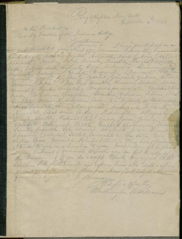 A letter referring to the donation of minerals to the University written to Andrew Wylie and the Board of Trustees from Worthington B. Williams, 4 September 1841: Page 1 of 2