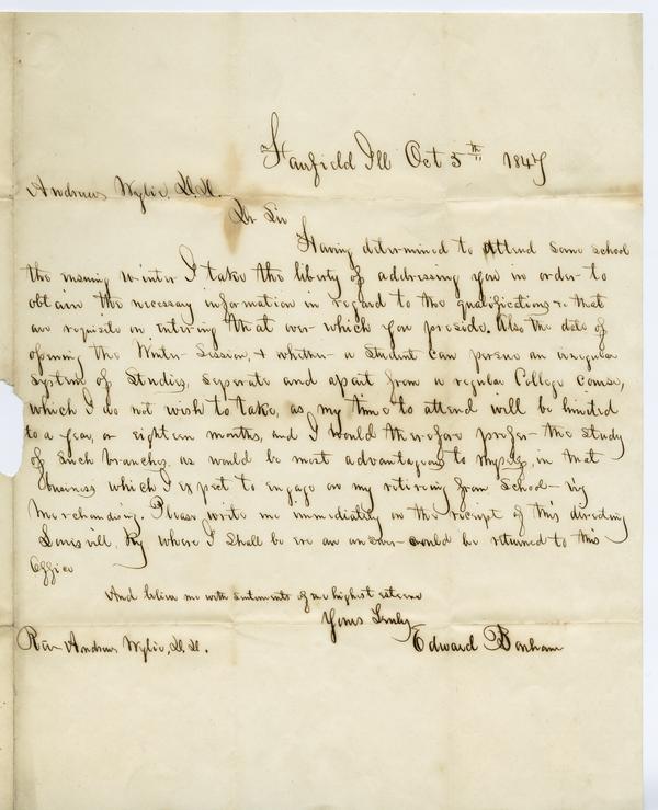 Edward Bonham to Andrew Wylie, 3 October 1847: Page 1 of 2