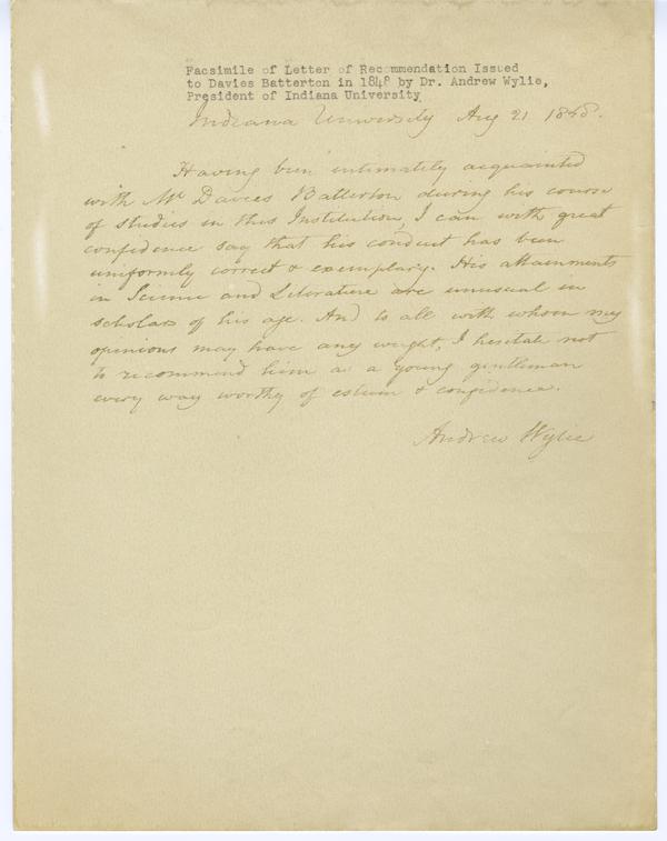 Letter of recommendation for Davis Batterton written by Andrew Wylie, 21 August 1848: Page 1 of 1