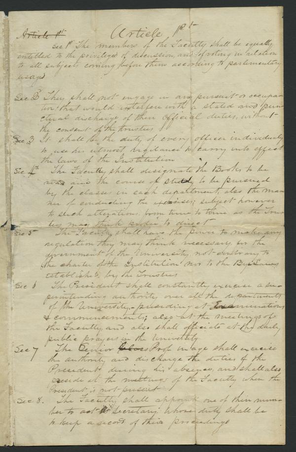 Copy of Indiana College By-laws written by Andrew Wylie, 1828-1829?: Page 1 of 4