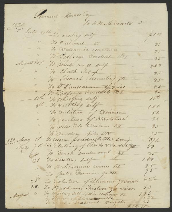 Financial Claims for 1829-1830 from Samuel Dodd submitted to David Maxwell, ca. 1830: Page 1 of 2
