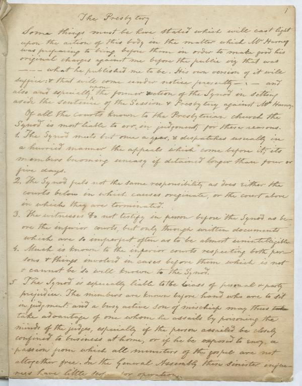 The Presbytery, Account of the Harney-Wylie dispute tried before the Presbyterian General Assembly, circa 1832: Page 1 of 52