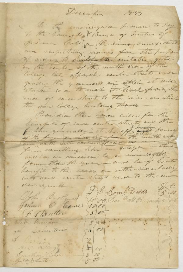 Petition to build a gate on the north side of the College, December 1833: Page 1 of 2