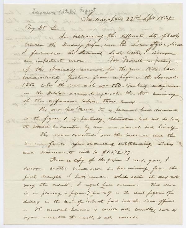 N.B. Palmer, State Treasurer to David Maxwell, 22 September 1834: Page 1 of 3