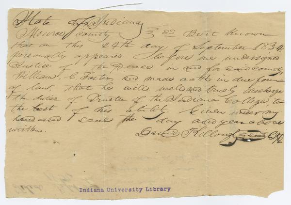 Certificate signed by David Killough certifying David Foster as a Trustee of Indiana College, 24 September 1834: Page 1 of 2