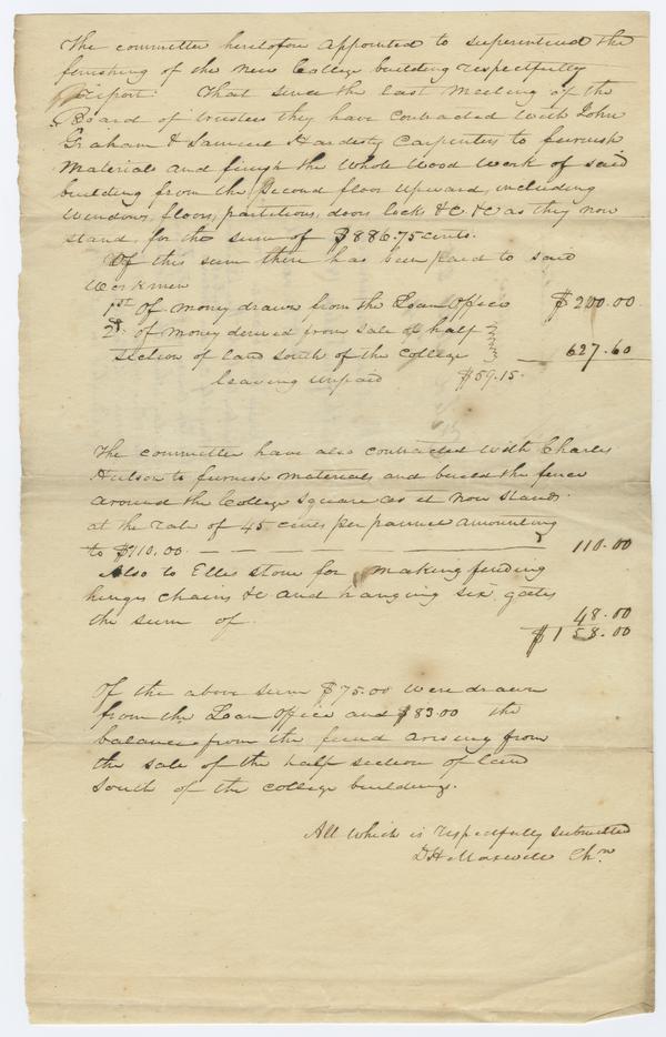 Report of the Indiana College Building Committee submitted by David Maxwell, 25 September 1834: Page 1 of 2