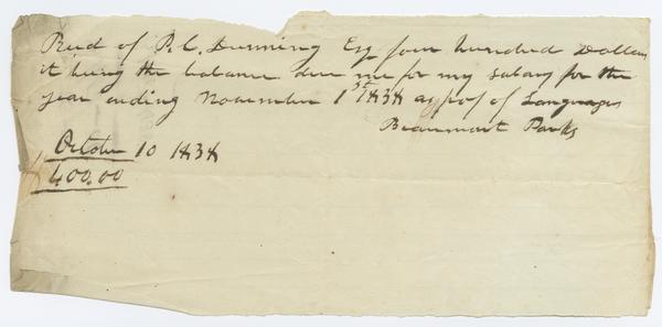 Receipt of payment to Beaumont Parks for the sum of $400, 10 October 1834: Page 1 of 2