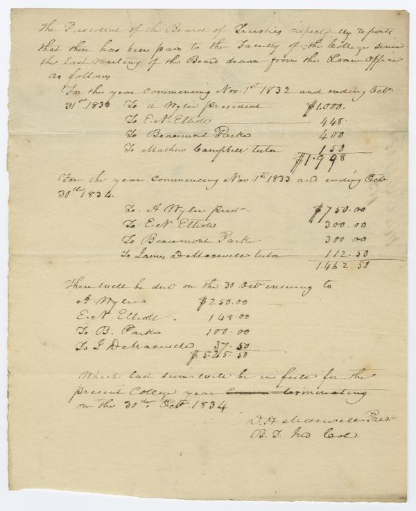 Report of salaries paid to Indiana College faculty for the period 1832-34 submitted by David Maxwell, 30 October 1834: Page 1 of 2