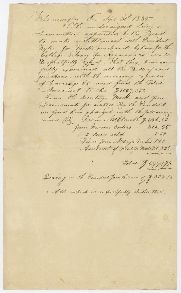 Settlement to Andrew Wylie for his salary and books for the College library written by Andrew Wylie, 30 September 1835: Page 1 of 1