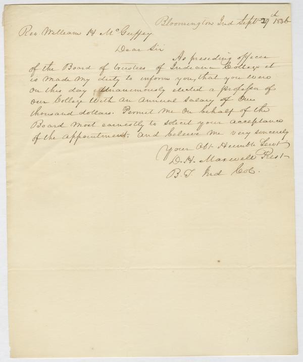 David Maxwell to William Holmes McGuffey, 29 September 1836: Page 1 of 1