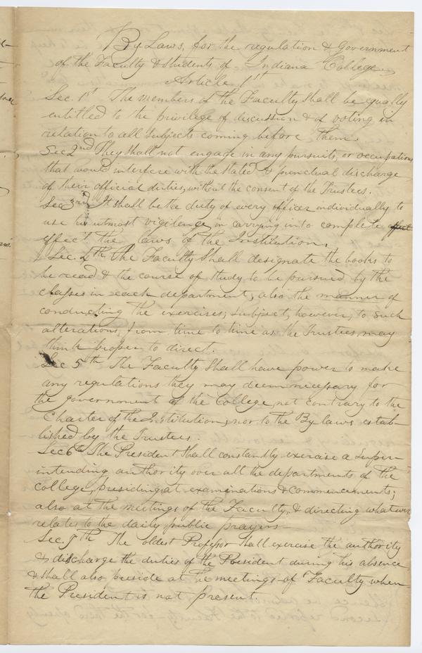 "By-Laws, for the Regulation & Government of the Faculty & Students of Indiana College" submitted by Robert C. Foster and William Turner, 27 April 1837: Page 1 of 4