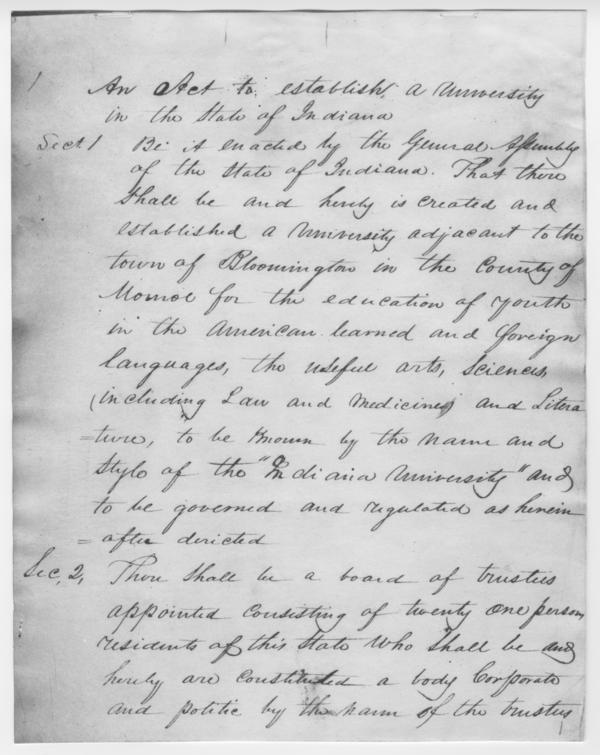 Indiana State Legislature Act to "Establish a University in the State of Indiana," 15 February 1838: Page 1 of 23