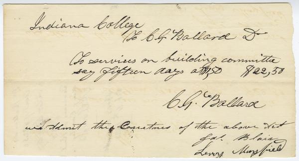 Receipt to Dr. C. G. Ballard for services on building committee in the amount of $22.50, 4 October 1838: Page 1 of 2